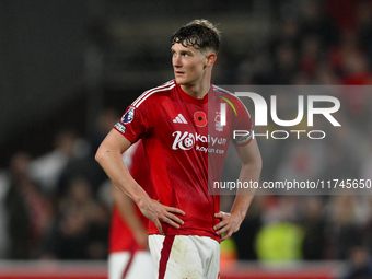 Ryan Yates of Nottingham Forest participates in the Premier League match between Nottingham Forest and West Ham United at the City Ground in...