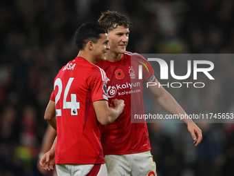 Ramon Sosa of Nottingham Forest and Ryan Yates of Nottingham Forest celebrate victory during the Premier League match between Nottingham For...