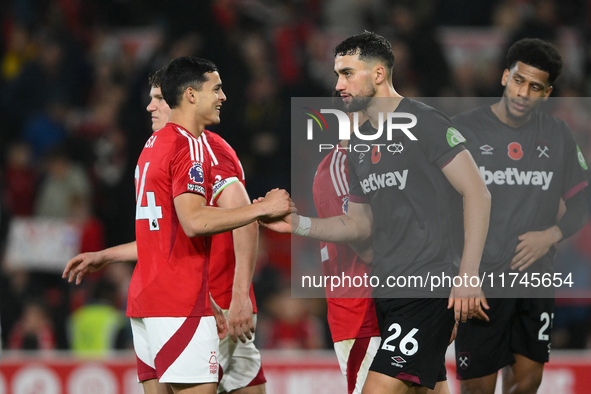 Ramon Sosa of Nottingham Forest shakes hands with Max Kilman of West Ham United during the Premier League match between Nottingham Forest an...