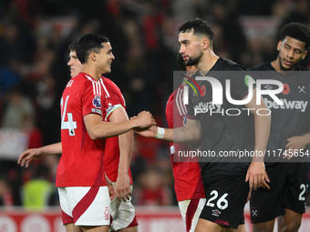 Ramon Sosa of Nottingham Forest shakes hands with Max Kilman of West Ham United during the Premier League match between Nottingham Forest an...