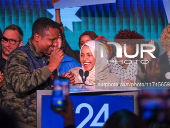 United States Representative Ilhan Omar (D-MN) speaks at the Minnesota DFL Election Night event at the InterContinental Hotel in St. Paul, M...