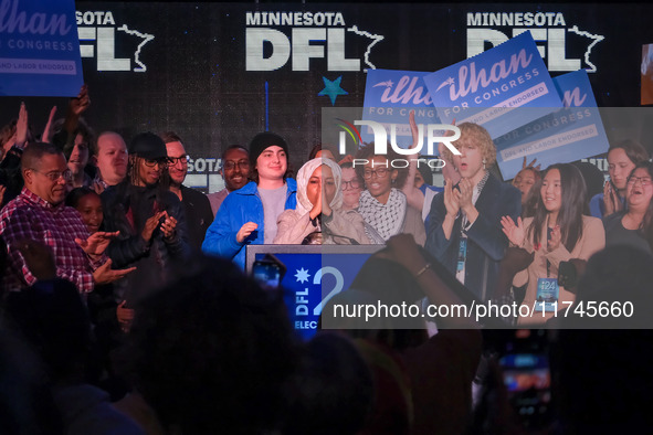 United States Representative Ilhan Omar (D-MN) speaks at the Minnesota DFL Election Night event at the InterContinental Hotel in St. Paul, M...