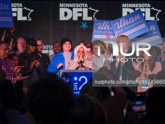 United States Representative Ilhan Omar (D-MN) speaks at the Minnesota DFL Election Night event at the InterContinental Hotel in St. Paul, M...