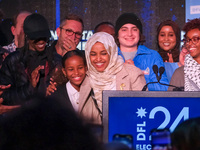 United States Representative Ilhan Omar (D-MN) speaks at the Minnesota DFL Election Night event at the InterContinental Hotel in St. Paul, M...