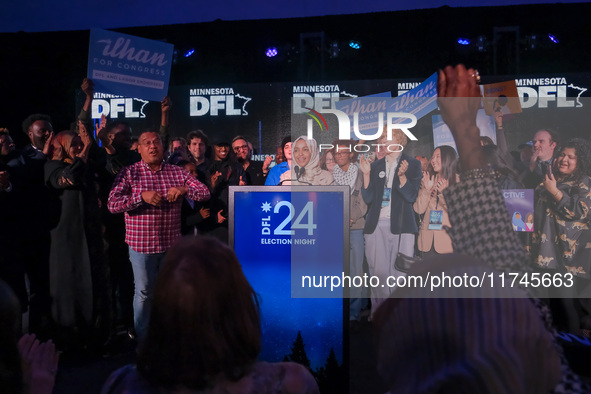 United States Representative Ilhan Omar (D-MN) speaks at the Minnesota DFL Election Night event at the InterContinental Hotel in St. Paul, M...