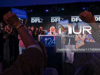 United States Representative Ilhan Omar (D-MN) speaks at the Minnesota DFL Election Night event at the InterContinental Hotel in St. Paul, M...