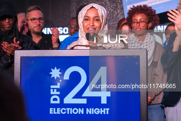 United States Representative Ilhan Omar (D-MN) speaks at the Minnesota DFL Election Night event at the InterContinental Hotel in St. Paul, M...