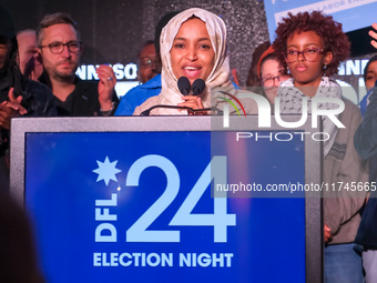 United States Representative Ilhan Omar (D-MN) speaks at the Minnesota DFL Election Night event at the InterContinental Hotel in St. Paul, M...