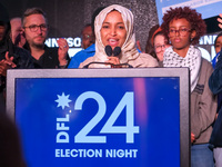 United States Representative Ilhan Omar (D-MN) speaks at the Minnesota DFL Election Night event at the InterContinental Hotel in St. Paul, M...