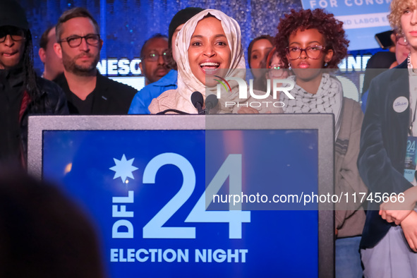 United States Representative Ilhan Omar (D-MN) speaks at the Minnesota DFL Election Night event at the InterContinental Hotel in St. Paul, M...