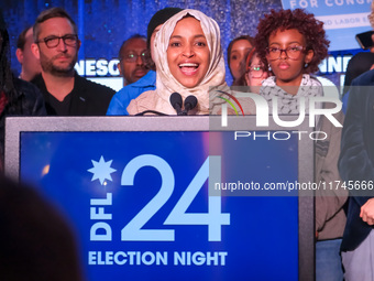 United States Representative Ilhan Omar (D-MN) speaks at the Minnesota DFL Election Night event at the InterContinental Hotel in St. Paul, M...