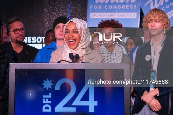 United States Representative Ilhan Omar (D-MN) speaks at the Minnesota DFL Election Night event at the InterContinental Hotel in St. Paul, M...