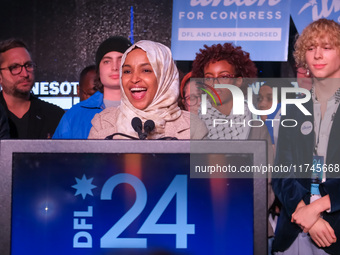 United States Representative Ilhan Omar (D-MN) speaks at the Minnesota DFL Election Night event at the InterContinental Hotel in St. Paul, M...