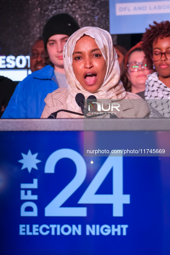 United States Representative Ilhan Omar (D-MN) speaks at the Minnesota DFL Election Night event at the InterContinental Hotel in St. Paul, M...