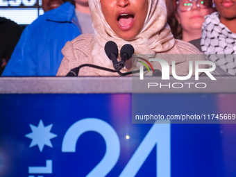 United States Representative Ilhan Omar (D-MN) speaks at the Minnesota DFL Election Night event at the InterContinental Hotel in St. Paul, M...