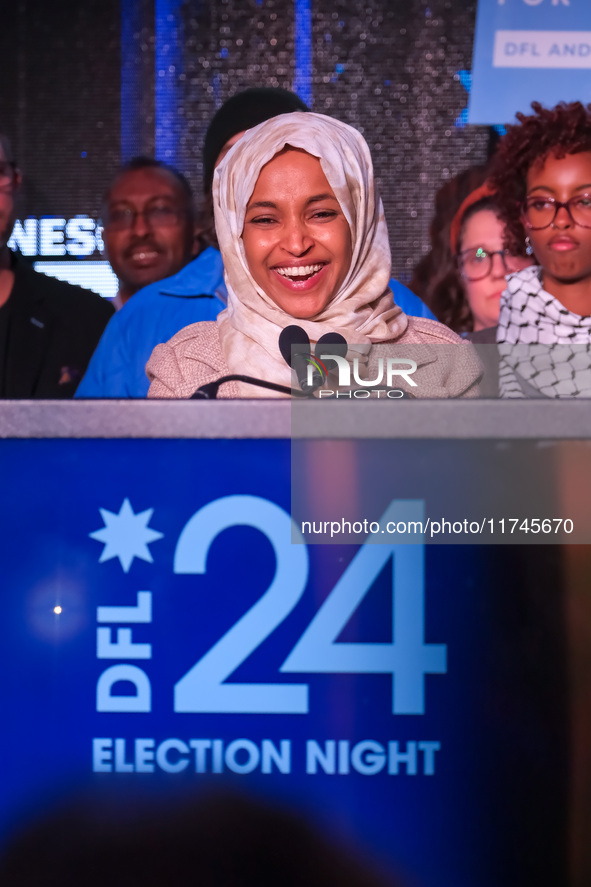 United States Representative Ilhan Omar (D-MN) speaks at the Minnesota DFL Election Night event at the InterContinental Hotel in St. Paul, M...