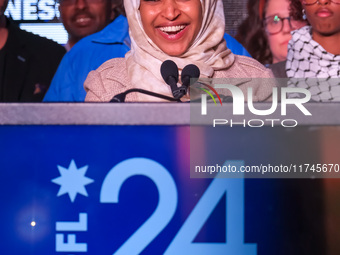 United States Representative Ilhan Omar (D-MN) speaks at the Minnesota DFL Election Night event at the InterContinental Hotel in St. Paul, M...