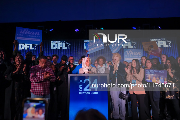 United States Representative Ilhan Omar (D-MN) speaks at the Minnesota DFL Election Night event at the InterContinental Hotel in St. Paul, M...