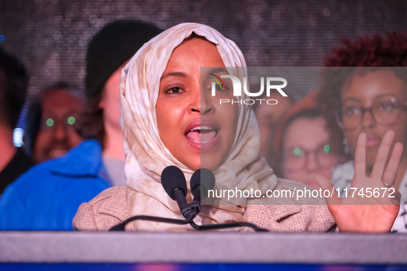 United States Representative Ilhan Omar (D-MN) speaks at the Minnesota DFL Election Night event at the InterContinental Hotel in St. Paul, M...