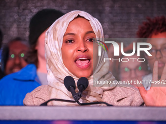 United States Representative Ilhan Omar (D-MN) speaks at the Minnesota DFL Election Night event at the InterContinental Hotel in St. Paul, M...