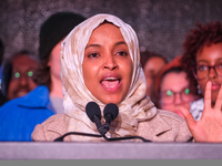 United States Representative Ilhan Omar (D-MN) speaks at the Minnesota DFL Election Night event at the InterContinental Hotel in St. Paul, M...