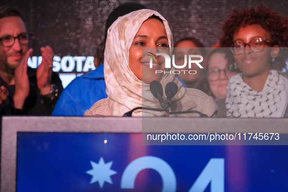 United States Representative Ilhan Omar (D-MN) speaks at the Minnesota DFL Election Night event at the InterContinental Hotel in St. Paul, M...