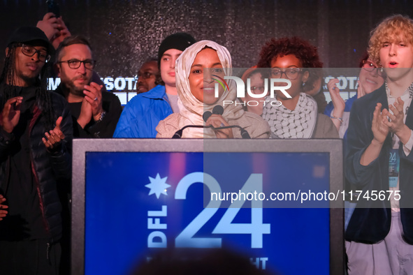 United States Representative Ilhan Omar (D-MN) speaks at the Minnesota DFL Election Night event at the InterContinental Hotel in St. Paul, M...