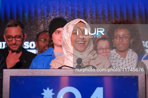 United States Representative Ilhan Omar (D-MN) speaks at the Minnesota DFL Election Night event at the InterContinental Hotel in St. Paul, M...