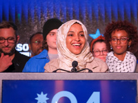 United States Representative Ilhan Omar (D-MN) speaks at the Minnesota DFL Election Night event at the InterContinental Hotel in St. Paul, M...