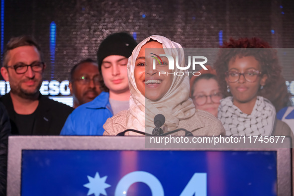 United States Representative Ilhan Omar (D-MN) speaks at the Minnesota DFL Election Night event at the InterContinental Hotel in St. Paul, M...