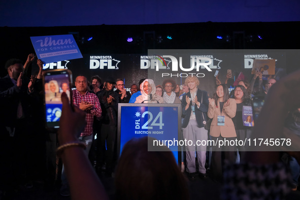 United States Representative Ilhan Omar (D-MN) speaks at the Minnesota DFL Election Night event at the InterContinental Hotel in St. Paul, M...