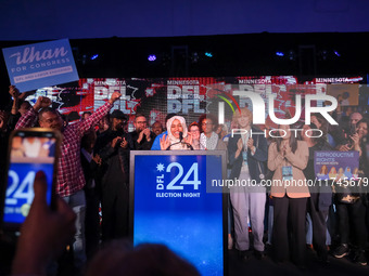 United States Representative Ilhan Omar (D-MN) speaks at the Minnesota DFL Election Night event at the InterContinental Hotel in St. Paul, M...