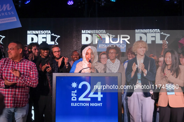 United States Representative Ilhan Omar (D-MN) speaks at the Minnesota DFL Election Night event at the InterContinental Hotel in St. Paul, M...