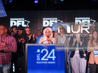 United States Representative Ilhan Omar (D-MN) speaks at the Minnesota DFL Election Night event at the InterContinental Hotel in St. Paul, M...