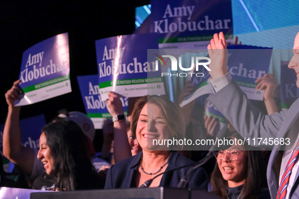 United States Senator Amy Klobuchar (D-MN) celebrates at the Minnesota DFL Election Night event at the InterContinental Hotel in St. Paul, M...