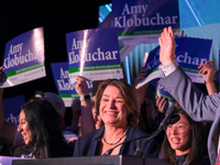 United States Senator Amy Klobuchar (D-MN) celebrates at the Minnesota DFL Election Night event at the InterContinental Hotel in St. Paul, M...