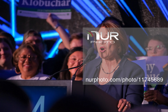 United States Senator Amy Klobuchar (D-MN) speaks at the Minnesota DFL Election Night event at the InterContinental Hotel in St. Paul, Minne...