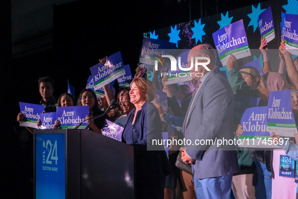 United States Senator Amy Klobuchar (D-MN) celebrates a victory at the Minnesota DFL Election Night event at the InterContinental Hotel in S...