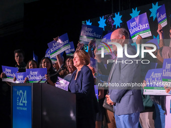 United States Senator Amy Klobuchar (D-MN) celebrates a victory at the Minnesota DFL Election Night event at the InterContinental Hotel in S...