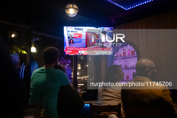 People watch the 2024 election results during a watch party at the Admiral in Washington, DC, on November 5, 2024.  Voters are choosing the...