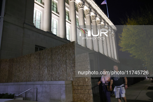 Security precautions are seen near the White House in Washington, D.C. on November 5, 2024 as results are tallied for the presidential elect...