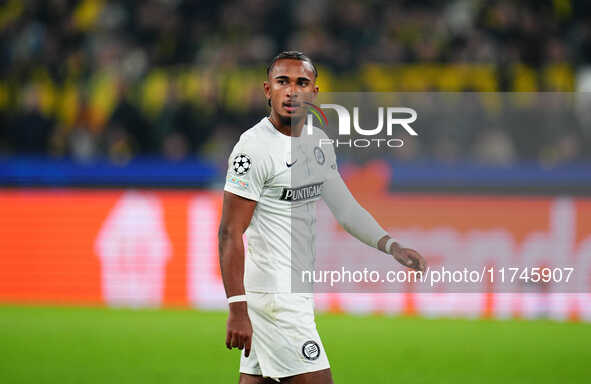 Emanuel Aiwu of SK Sturm Graz  looks on during the Champions League Round 4 match between Borussia Dortmund v SK Sturm Graz at the Signal Lu...