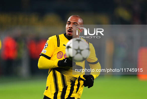 Donyell Malen of Borussia Dortmund  looks on during the Champions League Round 4 match between Borussia Dortmund v SK Sturm Graz at the Sign...