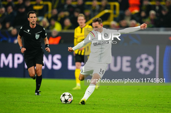 Maximilian Beier of Borussia Dortmund  shoots on goal during the Champions League Round 4 match between Borussia Dortmund v SK Sturm Graz at...