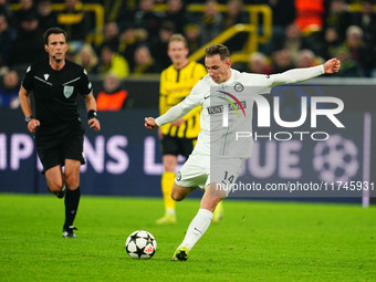 Maximilian Beier of Borussia Dortmund  shoots on goal during the Champions League Round 4 match between Borussia Dortmund v SK Sturm Graz at...