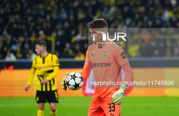 Alexander Meyer of Borussia Dortmund  controls the ball during the Champions League Round 4 match between Borussia Dortmund v SK Sturm Graz...