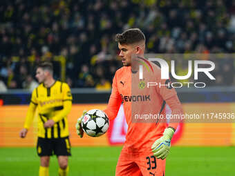 Alexander Meyer of Borussia Dortmund  controls the ball during the Champions League Round 4 match between Borussia Dortmund v SK Sturm Graz...