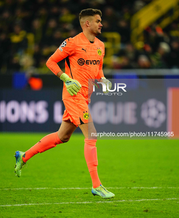 Alexander Meyer of Borussia Dortmund  gestures during the Champions League Round 4 match between Borussia Dortmund v SK Sturm Graz at the Si...