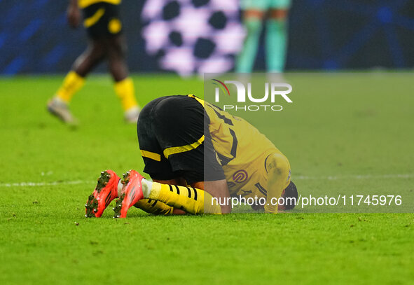 Ramy Bensebaini of Borussia Dortmund  with post game celebration during the Champions League Round 4 match between Borussia Dortmund v SK St...