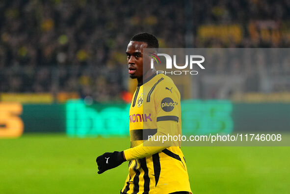 Jamie Gittens of Borussia Dortmund  looks on during the Champions League Round 4 match between Borussia Dortmund v SK Sturm Graz at the Sign...